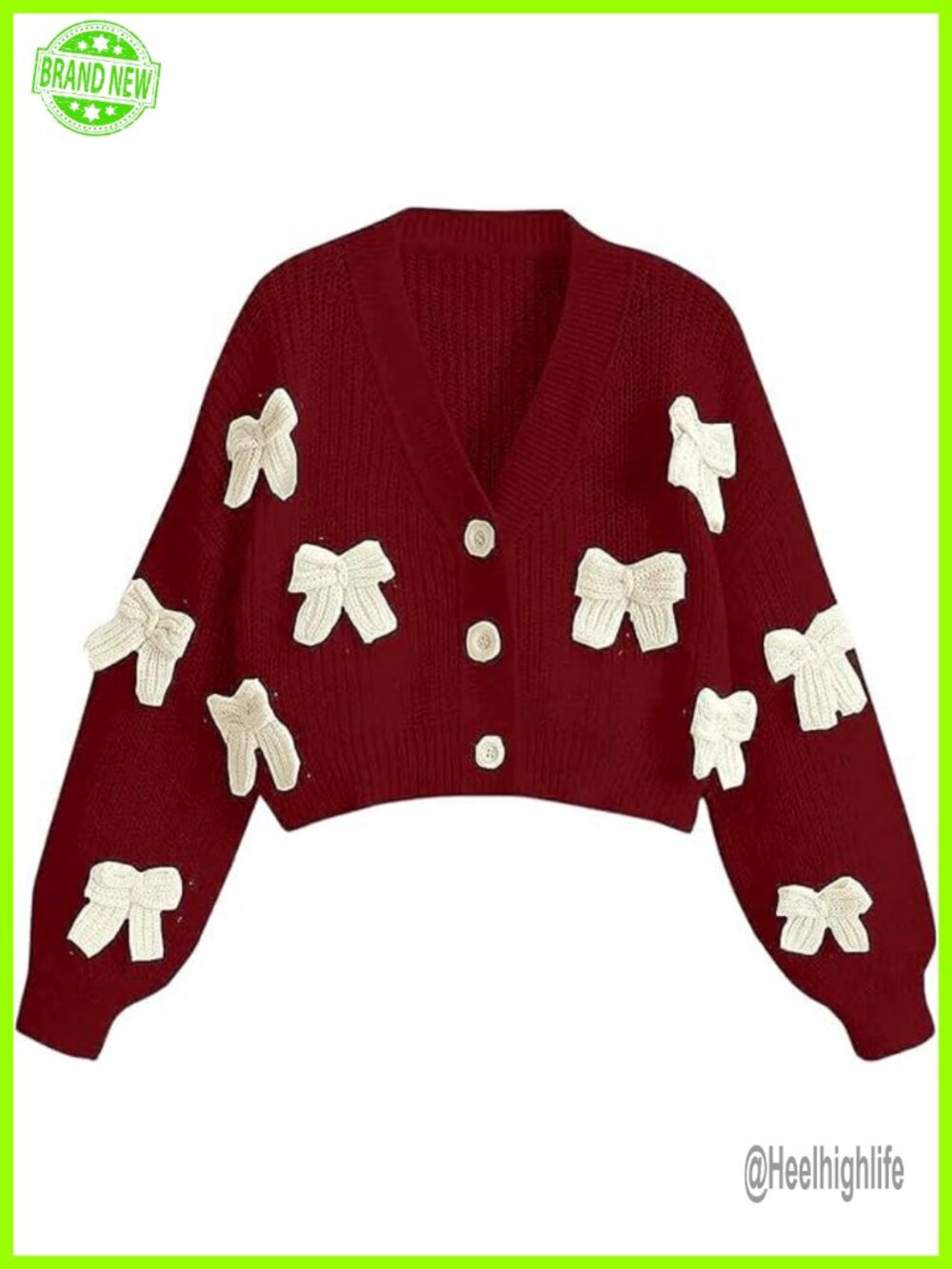 Chunky Knit Bow Cropped Cardigan Long Sleeve V Neck Button Down Loose Fit